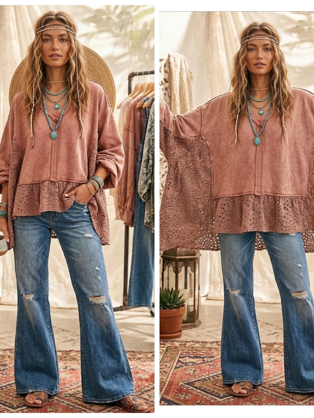 Boho Eyelet Hem V-Neck Top — Dusty Rose